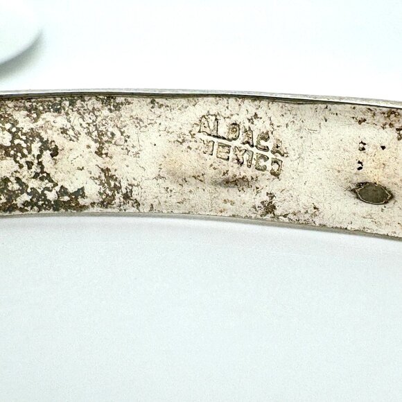 Vintage Mexican Alpaca Silver Tone Bracelet With Red Enamel & Abalone Inlay - Picture 4 of 9
